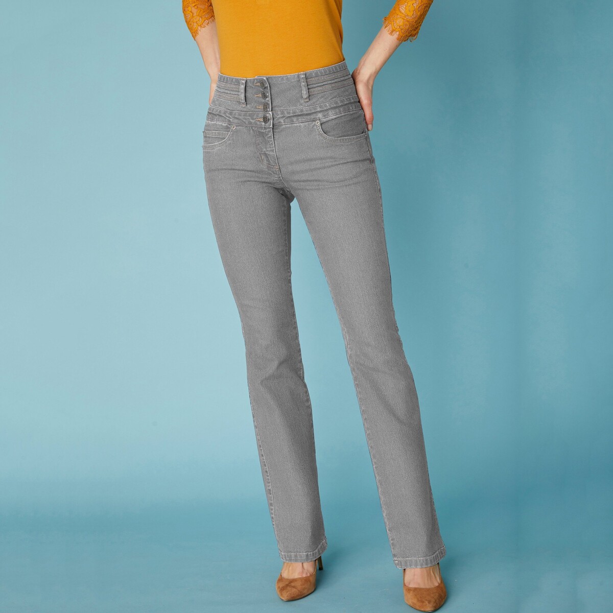 Bootcut džínsy s vysokým pásom, vnútor. dĺžka nohavíc 78 cm sivá 38