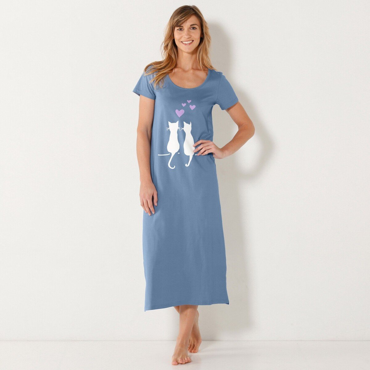 Dlhá nočná košeľa s potlačou mačiek modrá 38 40